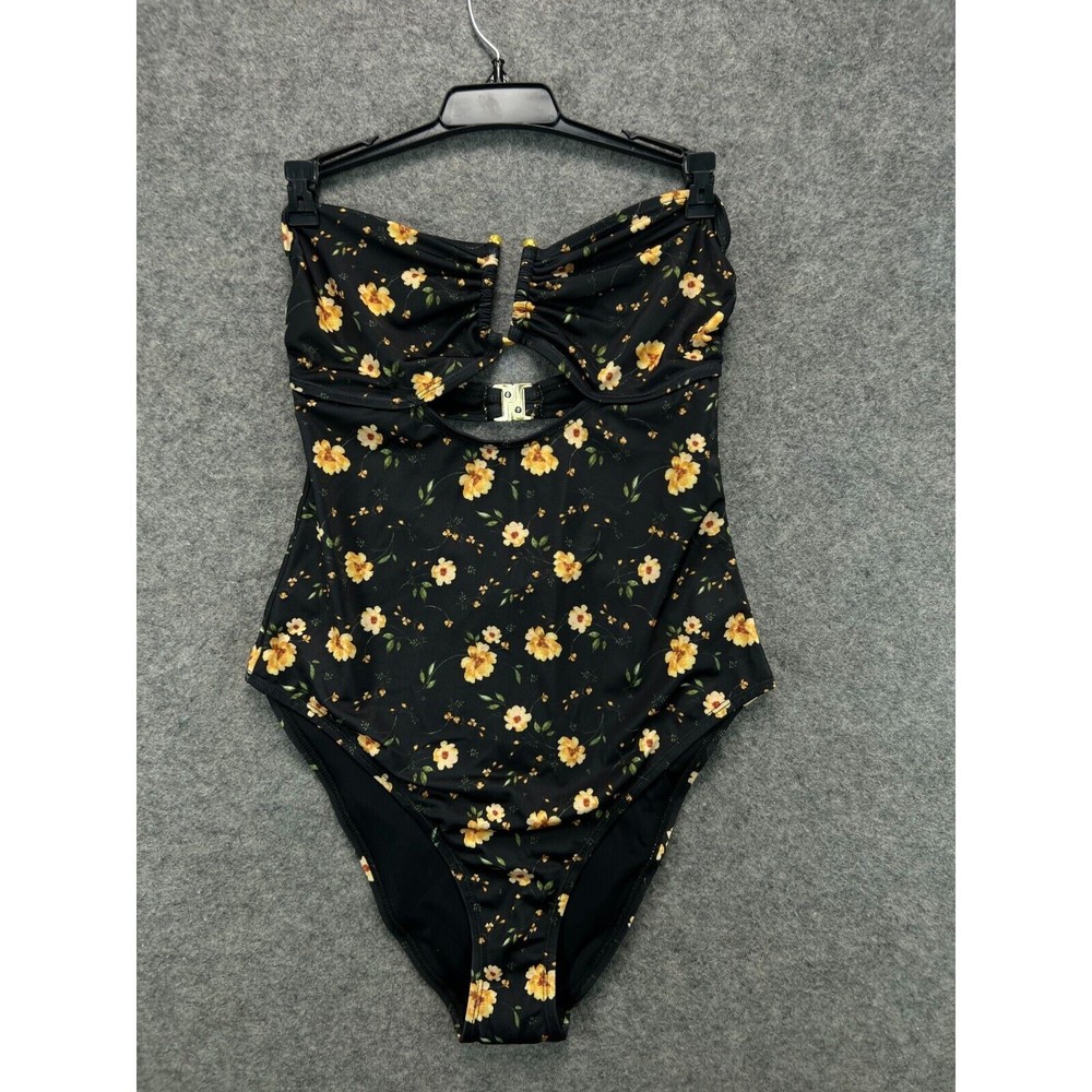 NWT Aqua & Brock Cutout One Piece Swimsuit Strapless Womens Medium Black Floral